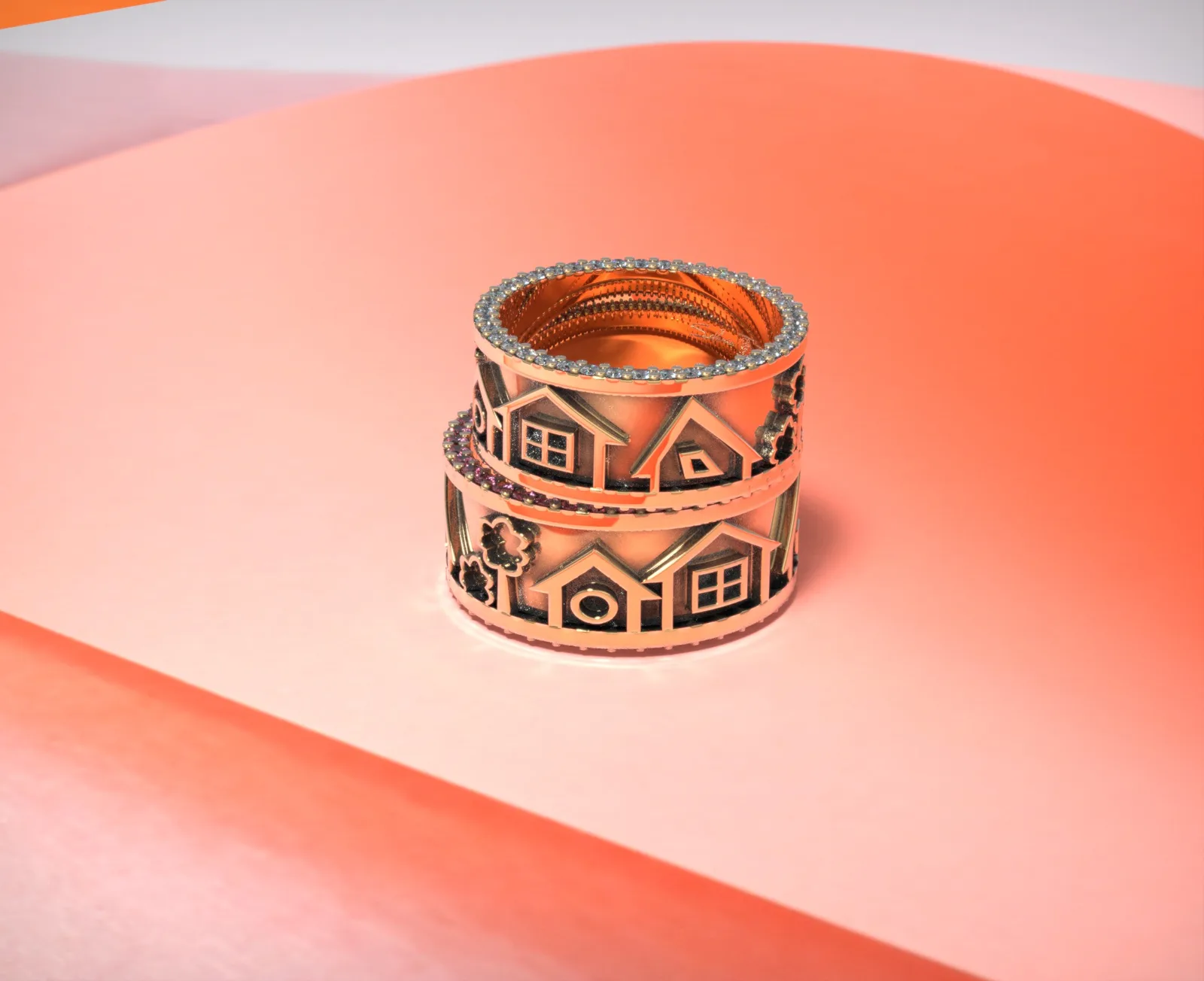 Wide rings with architectural house motifs